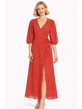 Glamorous Maxi Wrap Dress Womens Size 2 Red Ditsy Floral Balloon Sleeves